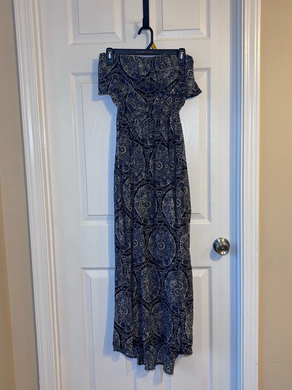 Hollister Women’s Small Navy Paisley Off Shoulder Maxi Dress Boho Y2K